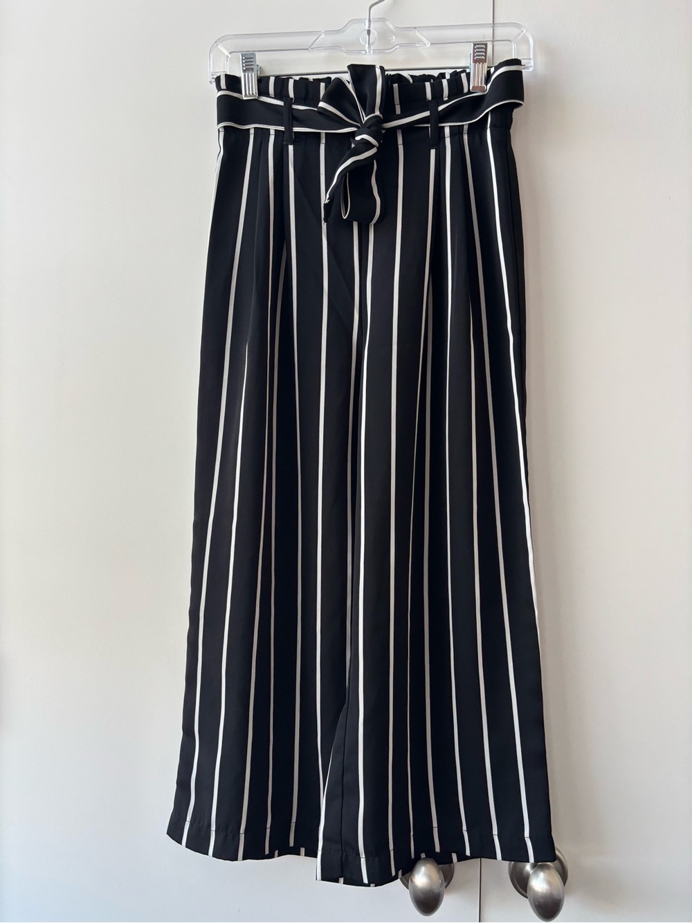 Stradivarius Black & White Stripe Tie-Waist Palazzo Pants